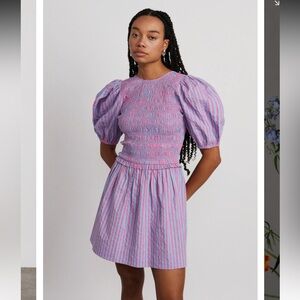 NWT Damson madder Bluebelle Shirred Mini Dress - Pink & Blue Stripe